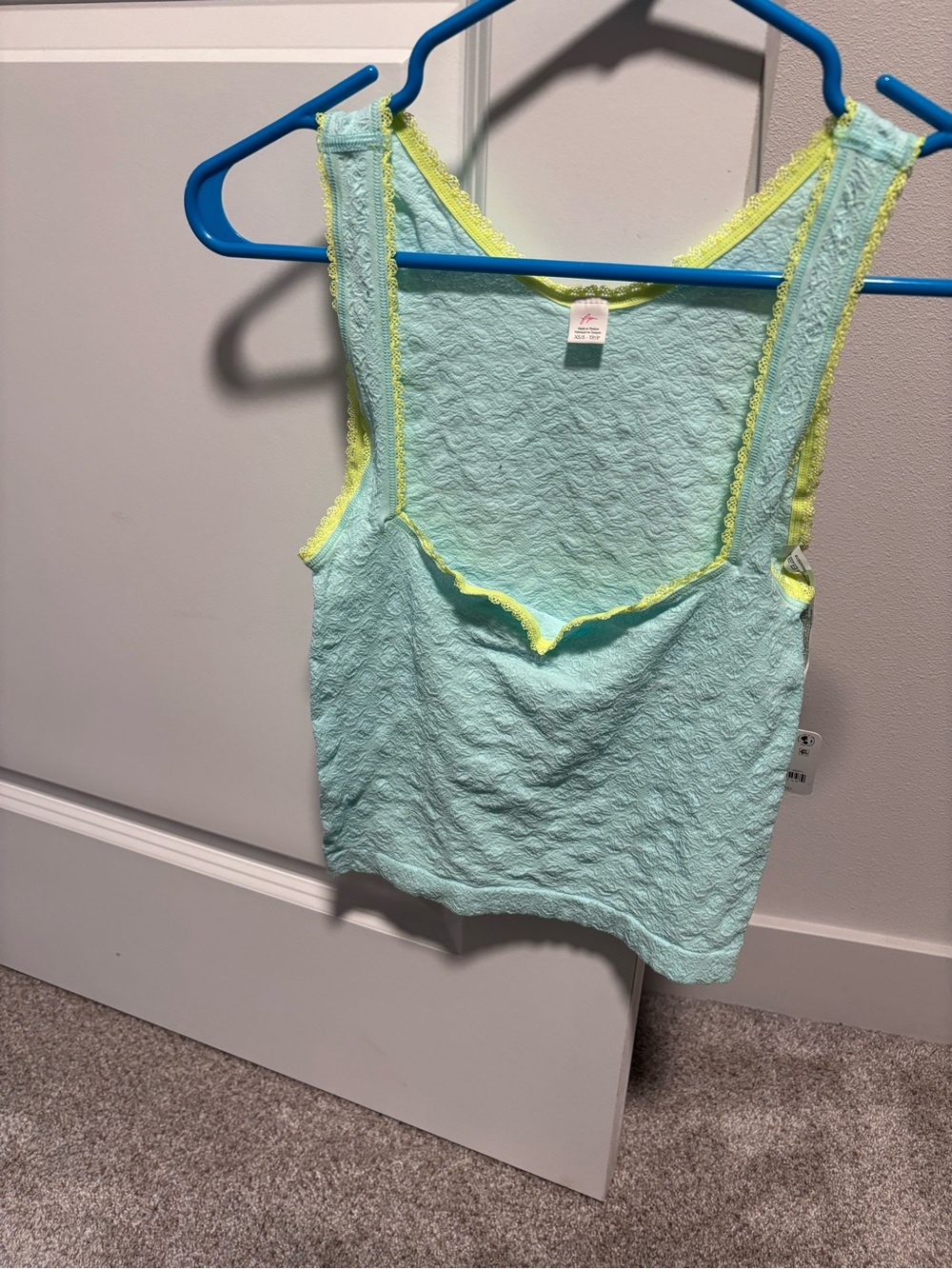 Free People Light Aqua Lace-Trim Tank Top with Neon Yellow Accent